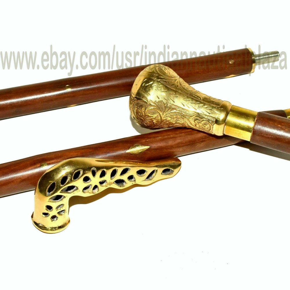 Vintage Style Walking Stick with Designer Brass 2 Handle Fancy Modern Cane
