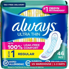 Always Ultra Thin Feminine Pads with Wings for Women, Size 1, Regular Absorbency