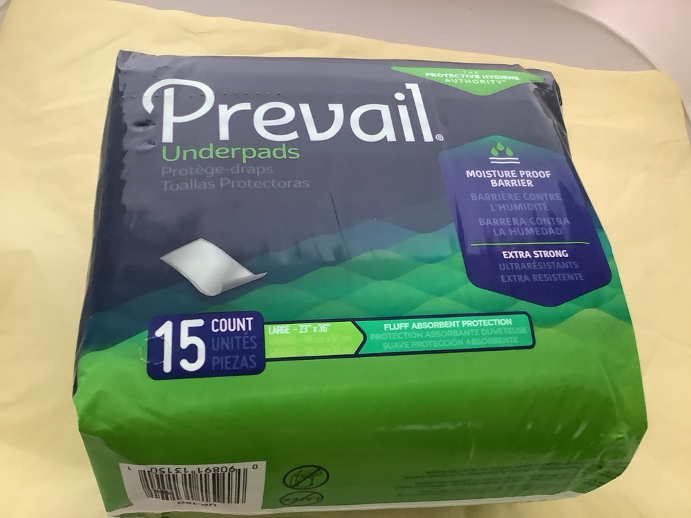 Prevail Underpads Size large, 15 Count, moisture proof barrier, extra strong