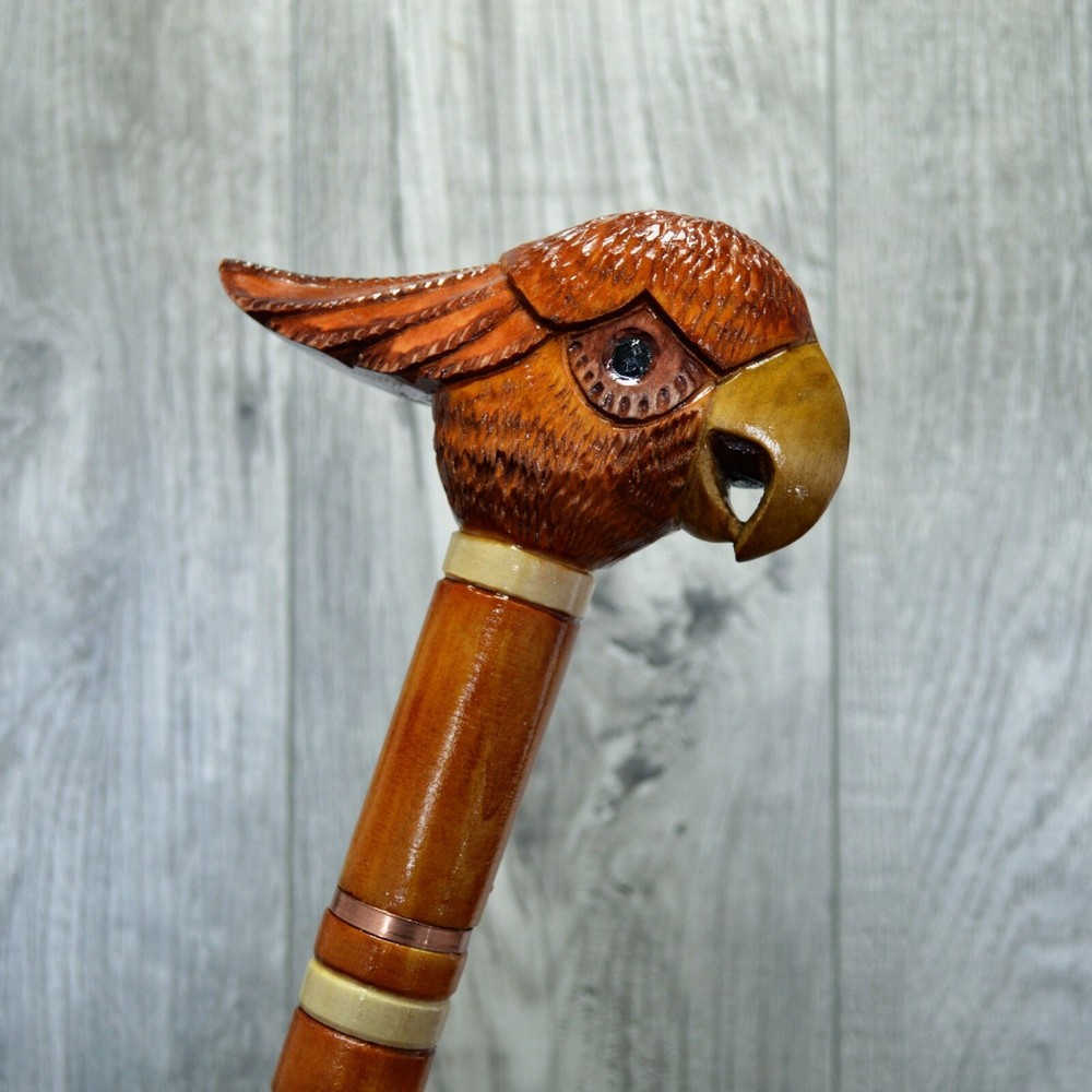 Cane Walking Stick Wooden carved Handmade – Parrot Cockatoo Red