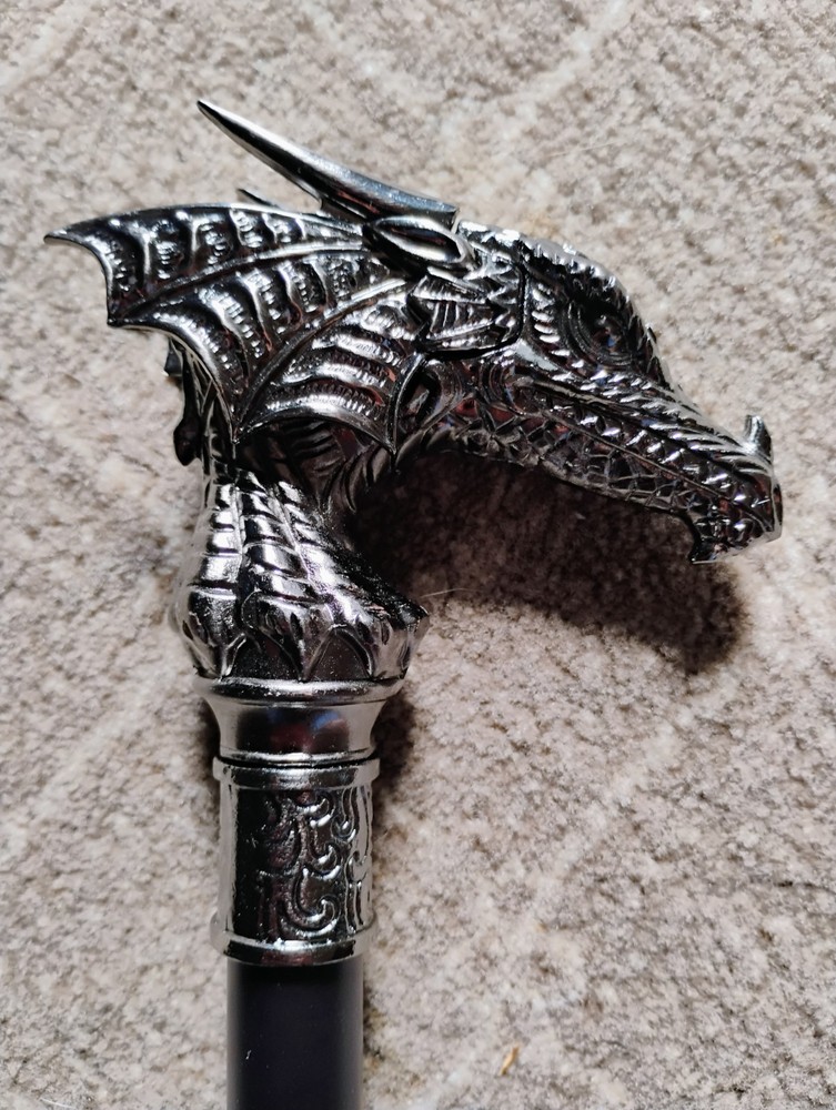 Dragon Head Walking Cane Decorative Handle, Black Silver, Metal