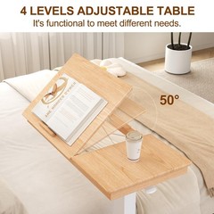 Solid Wood Overbed Bedside Table with Wheels, Adjustable Medical Tilt Top Hospit