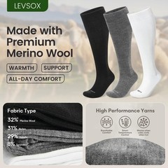 LEVSOX Merino Wool Compression Socks Medium-Large, 3 Pairs-Black/White/Grey