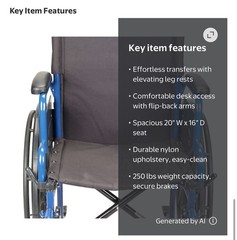 Drive Manual Wheelchair Blue/Black Foldable Flip-Back Arms Elevating Legs 250 lb