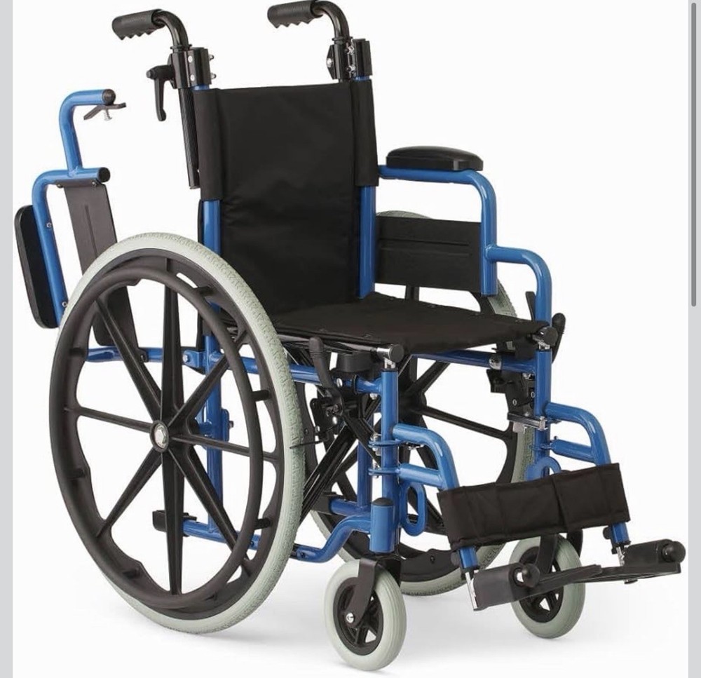 Medline Manual Wheelchair Foldable Blue Adjustable Footrests Padded Armrest