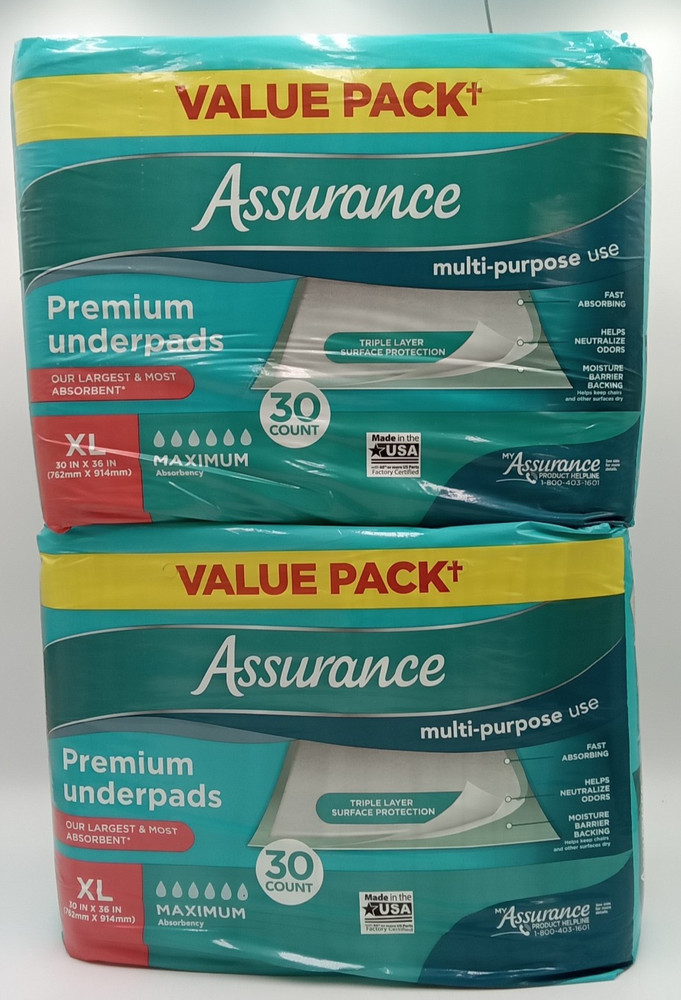 Assurance Unisex Premium Quilted Underpad Maximum Absorb. XL 30ct Each LOT OF 2