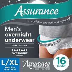 (2 pack) Assurance Men’s Overnight Incontinence Underwear, L/XL, 16 Count