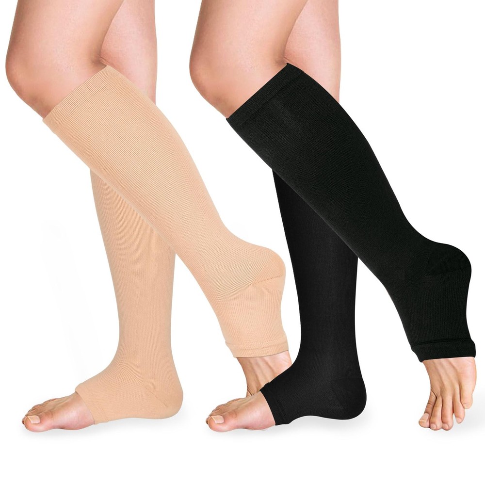 Open Toe Compression Socks 15-20 mmHg for Women and Small-medium, Black/Nude