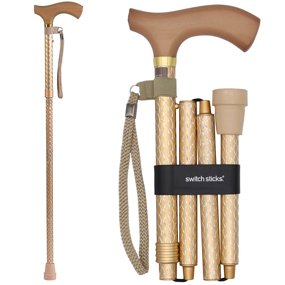 Engraved Pearl Gold Adjustable Foldable Walking Cane Lightweight Stylish Support