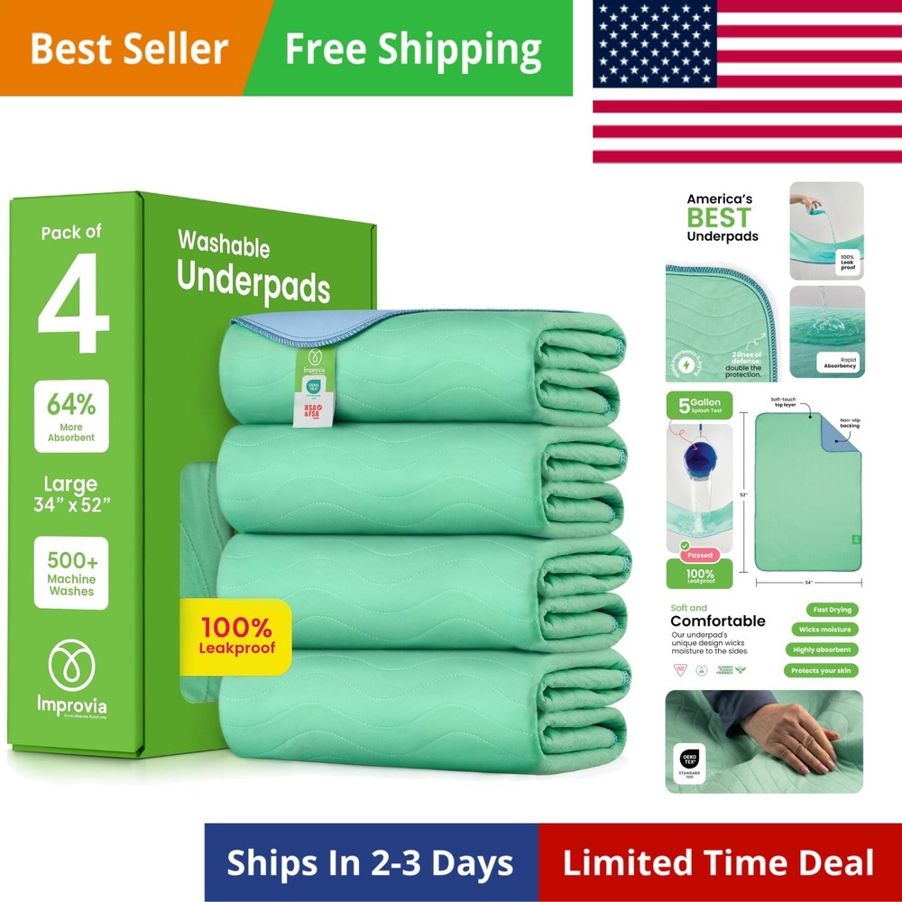 Washable Underpads, 34″ x 52″ Pack of 4 – Heavy Absorbency Reusable Incontine…