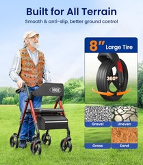 Ergonomic Rollator Walker with Seat, Supports 350lb, All-Terrain 8″ Wheels