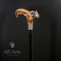 Metal walking stick cane solid brass bronze Ram Skull wooden handle black shaft