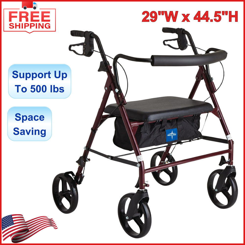 Burgundy Heavy Duty Bariatric Rollator Walker with Adjustable Handle Padded Seat
