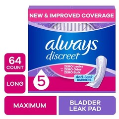 Always Discreet Maximum Absorbency Long Pads 64 Ct Bladder Protection, Sale