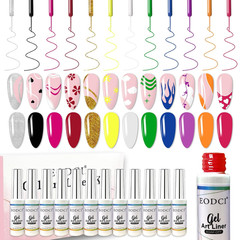 Nail Art Gel Liner Set, 12 Colors Black White Hot Pink Yellow Green Glitter Fall