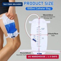 3 Pack 1000ml Sterile Leg Urinary Drainage Bags with 2 Adjustable Elastic Straps