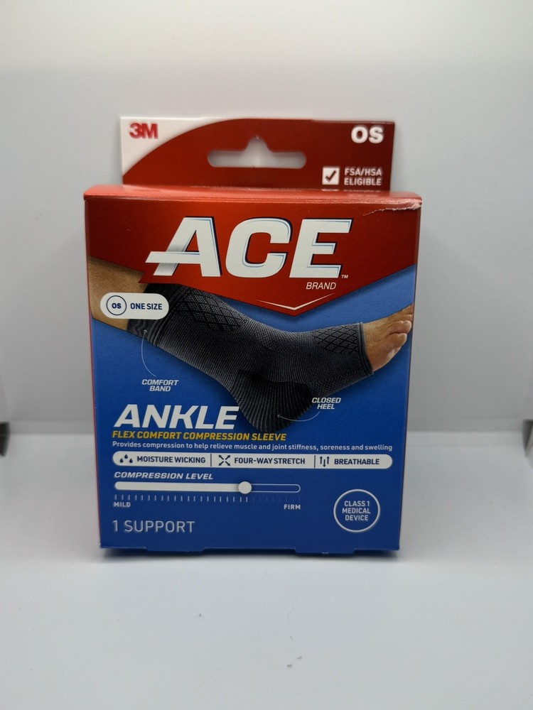 3M ACE Ankle Flex Comfort Compression Sleeve One Size Black Support Brace