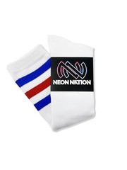 Unisex White Knee High Team Tube Socks One Size White With Blue & Red Stripes
