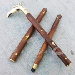 Brass Head Handle Decorative Brown Wooden Walking Stick Cane 37“ Handmade Style