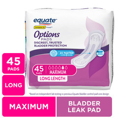 Equate Options Maximum Bladder Control Pads, Long, Unscented, 45 Count, 2 Pack