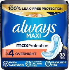 Always Maxi Pads Size 4 Overnight Absorbency Unscented with Wings, 33 Count