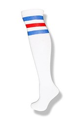 Unisex White Knee High Team Tube Socks One Size White With Blue & Red Stripes