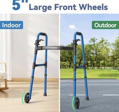 LOYODA Adjustable Height Folding Walker Blue Large Front Wheels 350 lb Capacity