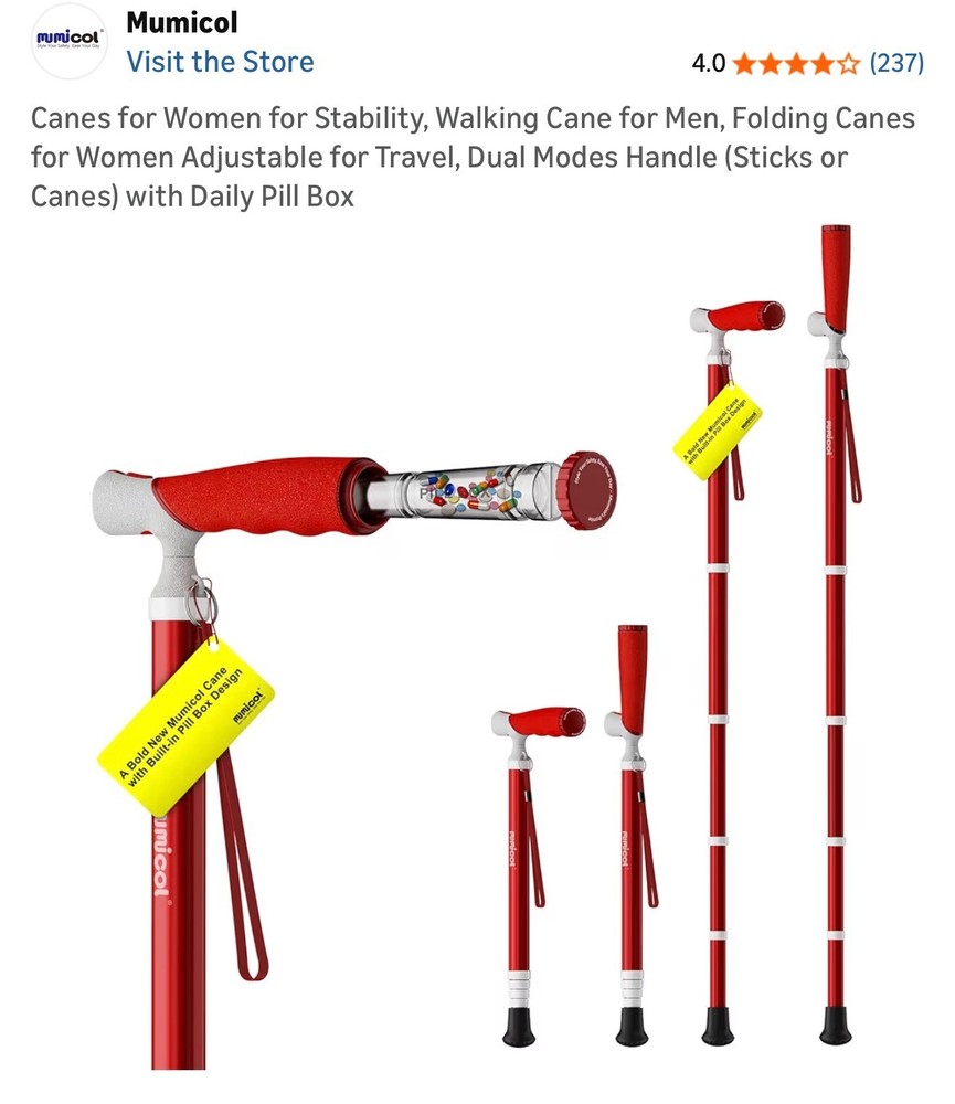 Mumicol Folding Walking Cane for Men & Women Adjustable Dual Handle Red Pill Box