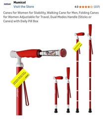 Mumicol Folding Walking Cane for Men & Women Adjustable Dual Handle Red Pill Box