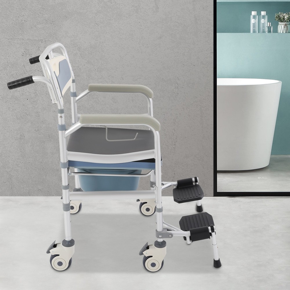 Height Adjustable Commode Chair, Rolling Shower Wheelchair, Versatile Design