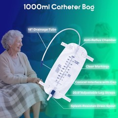 1000ml Leg Urinary Drainage Bags with 2 Adjustable Elastic Straps, 3 Pack