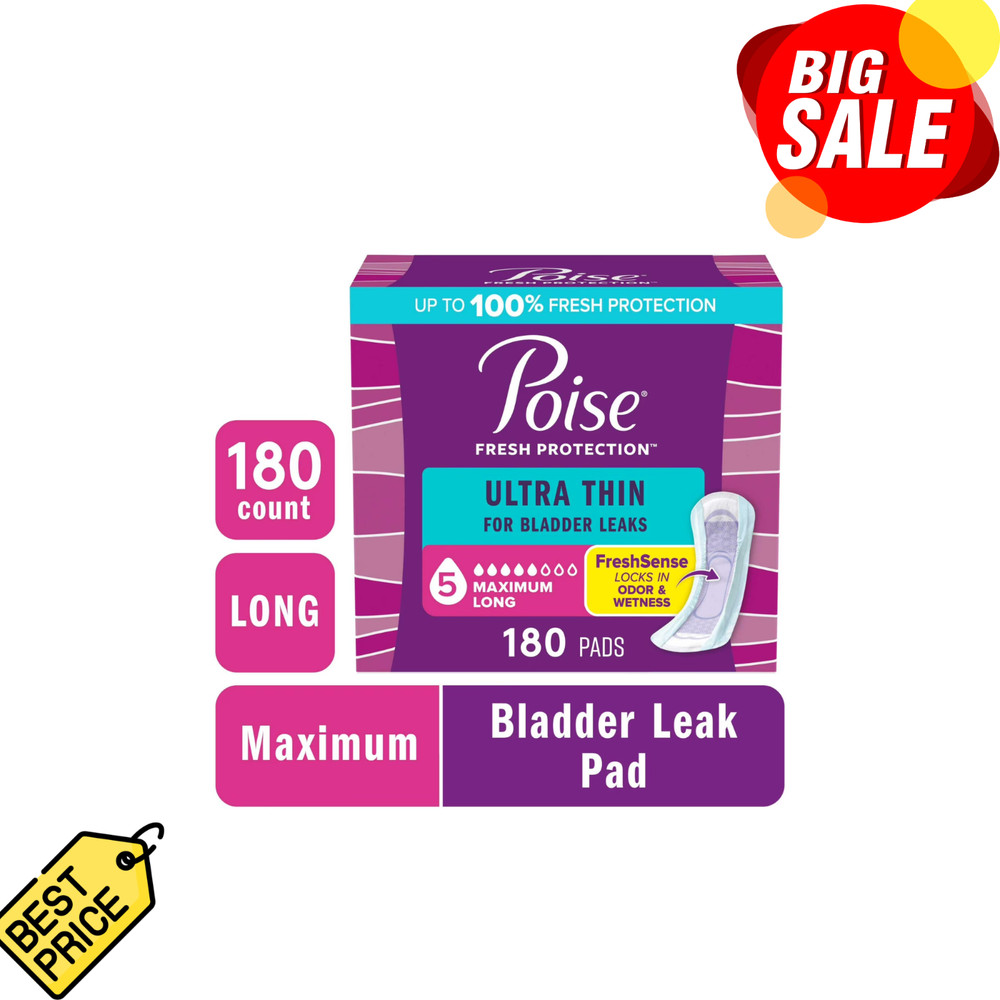 Poise Ultra Thin Incontinence Pads 5 Drop Maximum Absorbency Long 180 Count