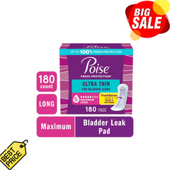 Poise Ultra Thin Incontinence Pads 5 Drop Maximum Absorbency Long 180 Count