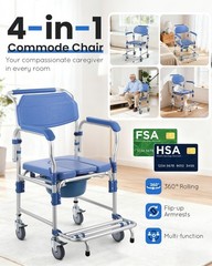 irtme Bedside 4in1 Commode Shower Chair w/ Drop Arms & Lock Casters, Alum, 330lb