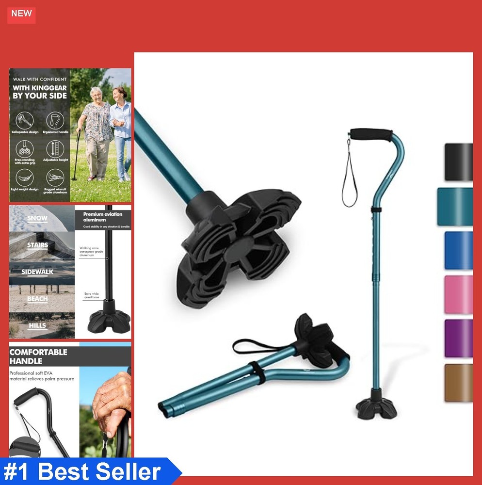 Walking Cane Offset Handle Quad Base 31-36 Inch Adjustable Lightweight Aluminum