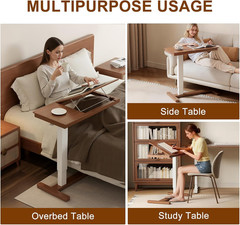 Muwuele Solid Wood Overbed Bedside Table Wheels Tilt Top Hospital Bed Desk
