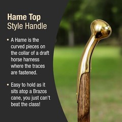 Brazos Twisted Oak Wood Cane with Brass Hame Top Handle, Brown, 37 Inch