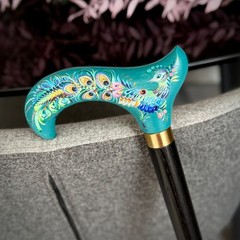 Peacock bird Hand Painted Derby Wooden Walking Stick Cane, Classic Walking Stick