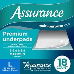 54 Count (3×18) Assurance Max Absorbency Unisex Premium Underpad Size L 23 x 36″