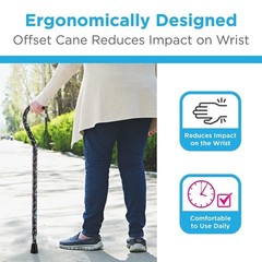 NOVA Designer Walking Cane Adjustable Lightweight Offset Handle Black Flowers