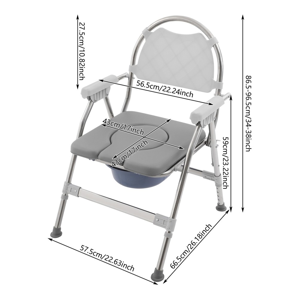 150kg/330.69 lbs Foldable Toilet Chair w/ Padded Seat Plate and Toilet Bucket