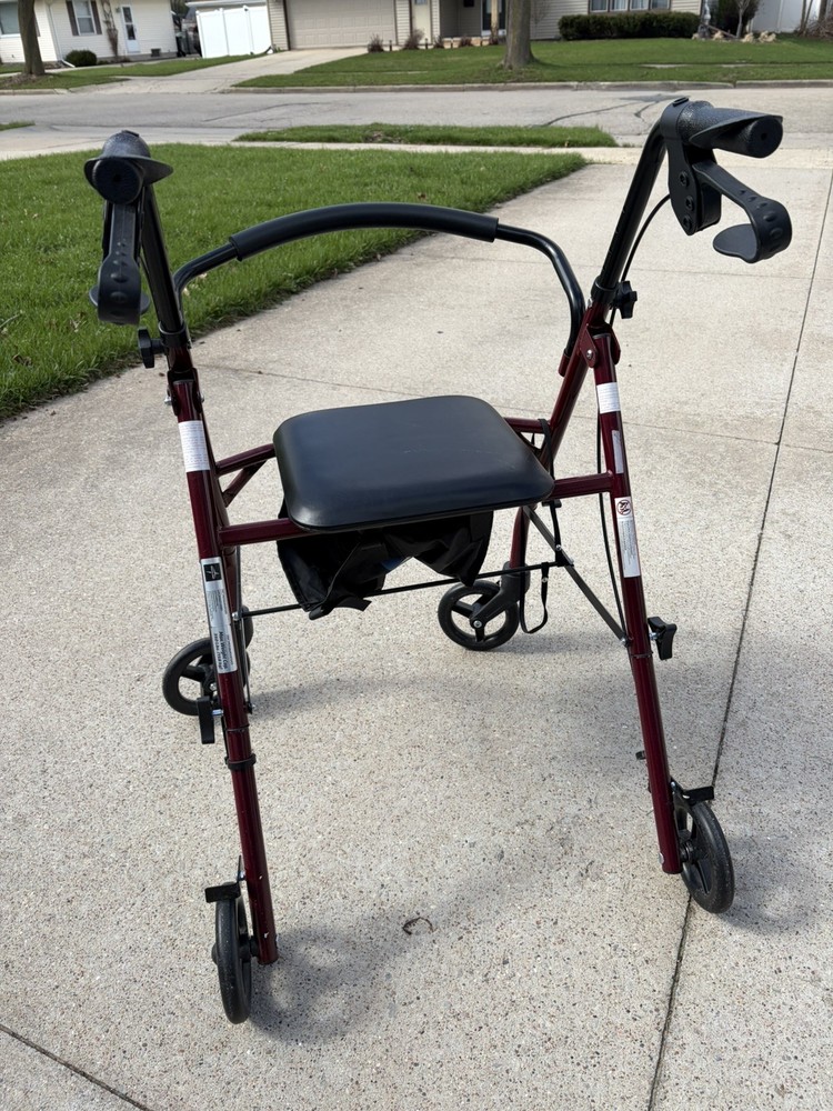 Medline Steel Rollator, 6” Wheels, 350-lb. Weight Capacity, Burgundy
