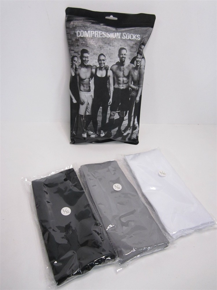 Compression Socks, Black, White, Grey, Size 9-Large / XLarge – „Pack of 3“