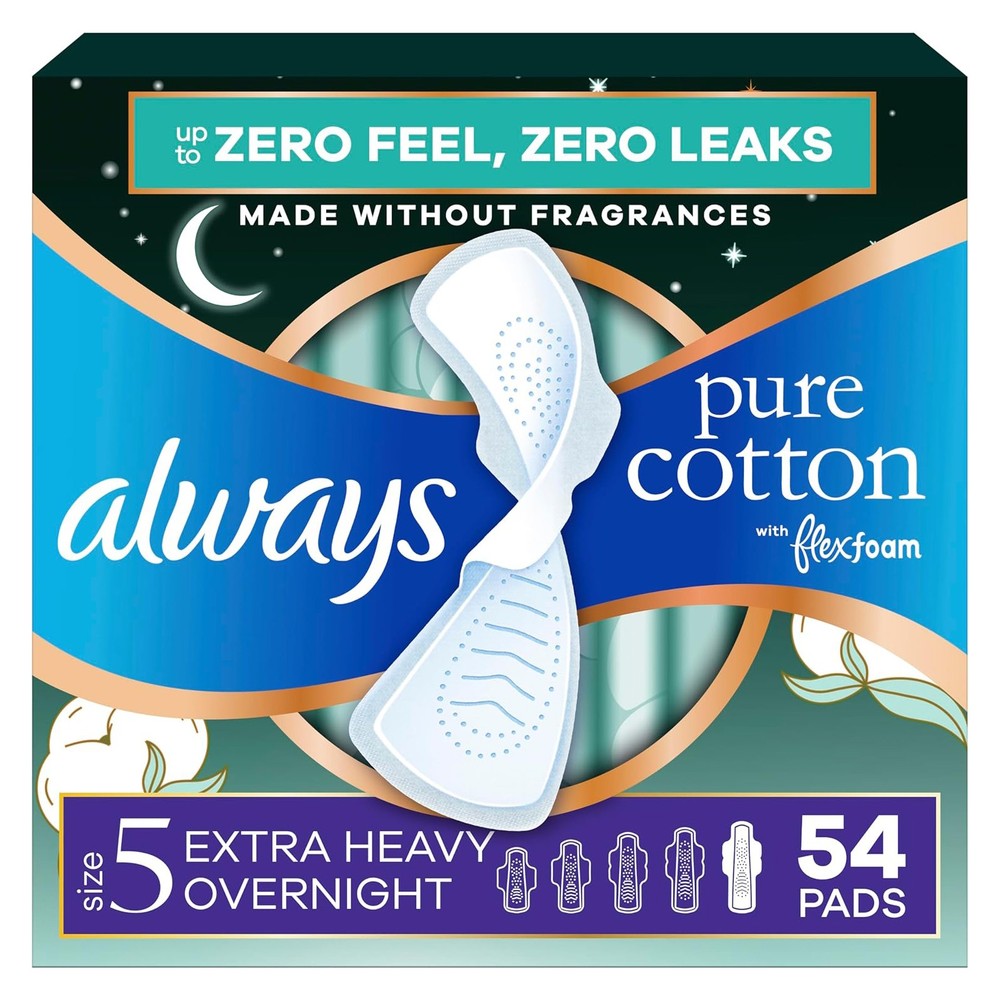 Always Pure Cotton FlexFoam Pads, Extra Heavy Overnight Absorbency, 54 Count
