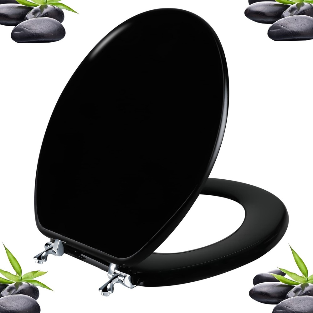 Black Round Toilet Seat Natural Wood Toilet Seat with Zinc Alloy Hinges, Easy…
