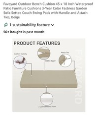 Favoyard Outdoor Bench Cushion 45 x 18 Inch Waterproof 45 x 18 In, Beige