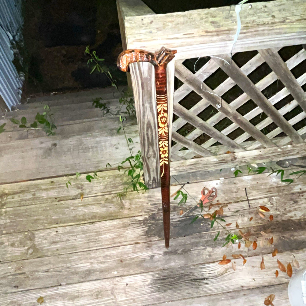 Wood Brown Walking Cane with Carved Handle and Decorative Inlay, Adult/Senior