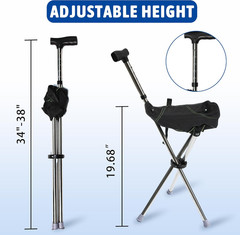 Walking Cane with Seat, Adjustable Height 34″-38″ Cane Chair Capacity 220Lbs, Fo