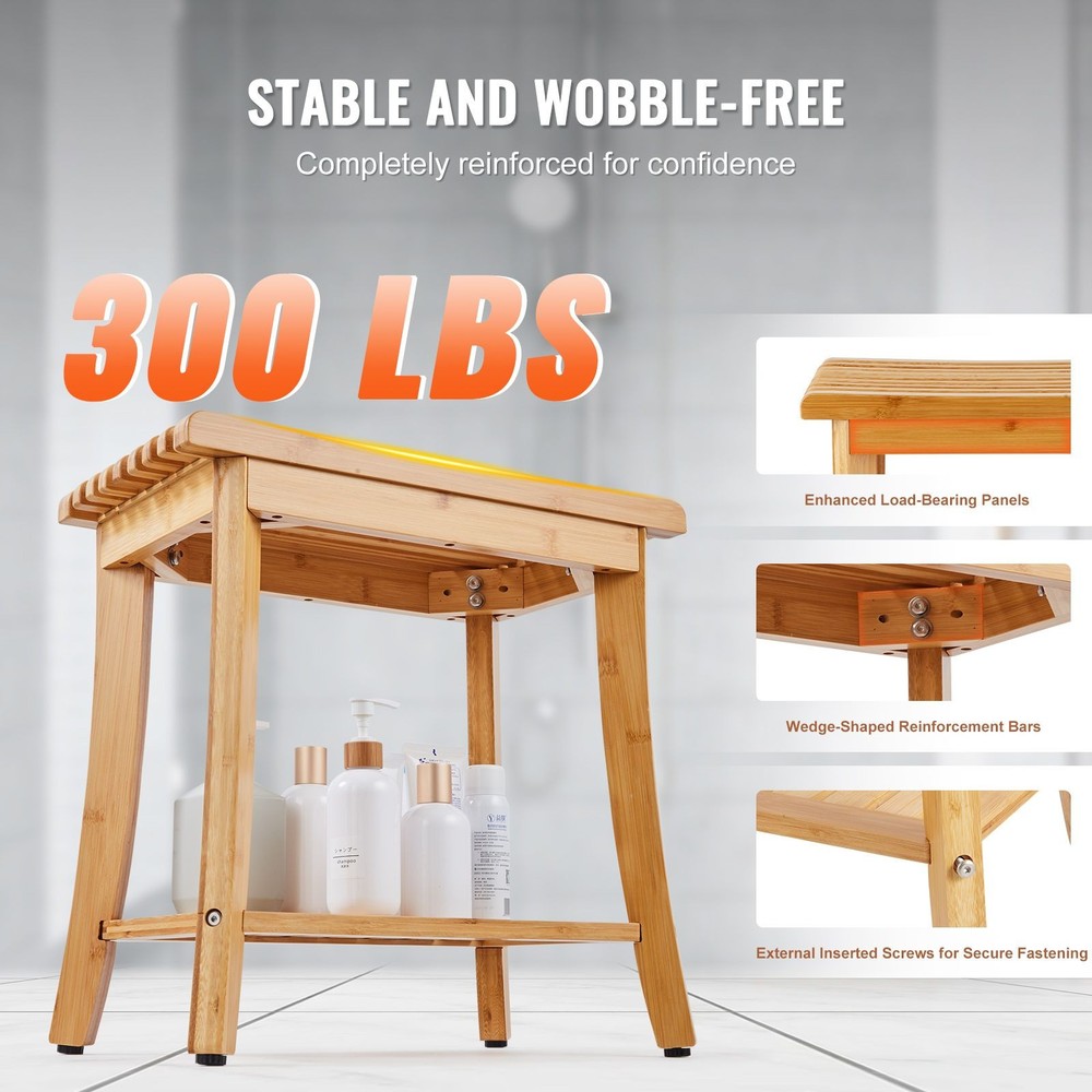 Waterproof Bamboo Shower Stool with Shelf, 330lb Load, Anti-Slip Feet, 19.1in