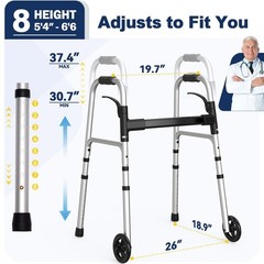 Lightweight Folding Walker with Wheels, Adjustable Height, Supports 350 lbs, Inc